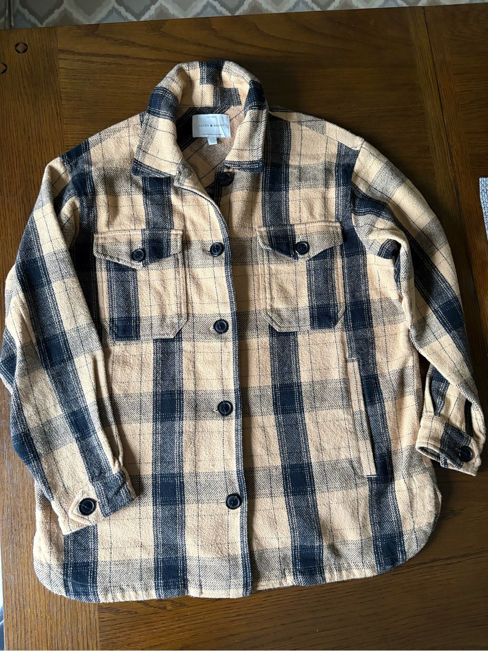 Lucky Brand Tan and Navy Plaid Button-Up